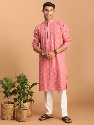 Pink And White Cotton Kurta And Pyjama Set 1