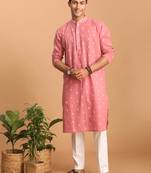 Men'S Pink And White Cotton Kurta And Pyjama Set