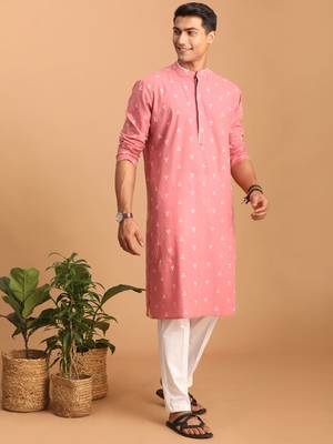 Pink And White Cotton Kurta And Pyjama Set 2