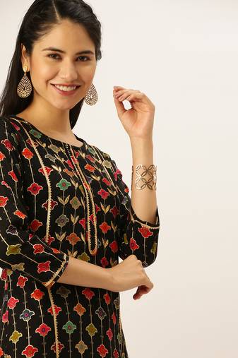 women's round neck solid black straight kurta and palazzos