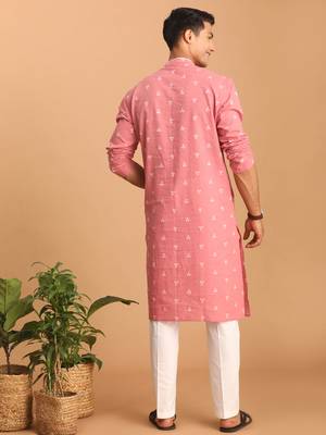 Pink And White Cotton Kurta And Pyjama Set 3