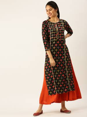 women's round neck solid black straight kurta and palazzos 2