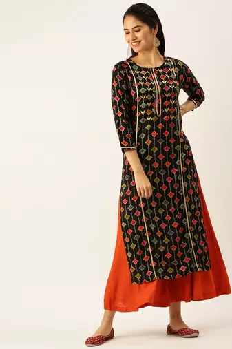women's round neck solid black straight kurta and palazzos