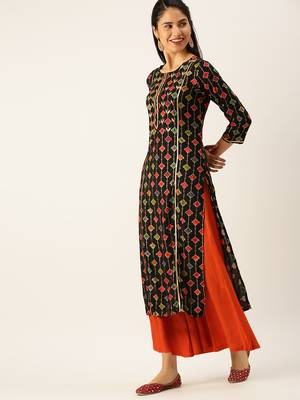 women's round neck solid black straight kurta and palazzos 3