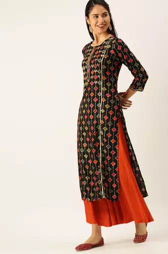 women's round neck solid black straight kurta and palazzos