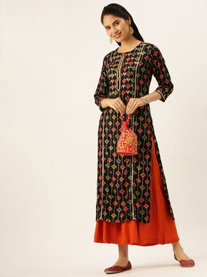 women's round neck solid black straight kurta and palazzos 4