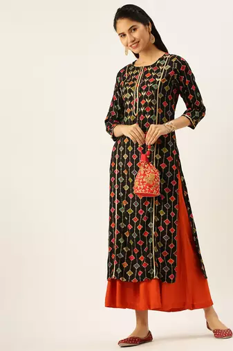 women's round neck solid black straight kurta and palazzos