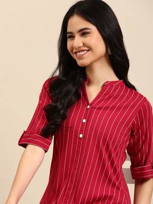 women's mandarin collar striped magenta straight kurta and trouser 1