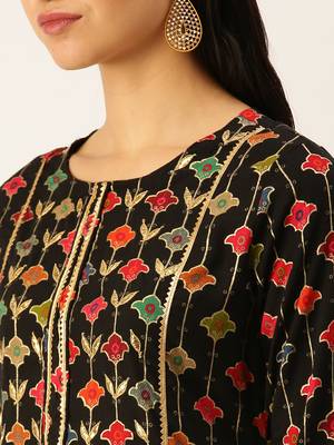 women's round neck solid black straight kurta and palazzos 5