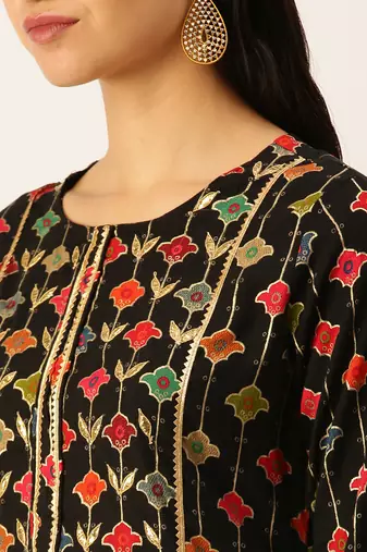 women's round neck solid black straight kurta and palazzos