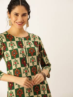 women's round neck solid foil print green straight kurta and palazzos 1