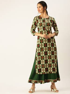 women's round neck solid foil print green straight kurta and palazzos 2