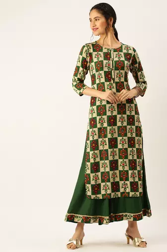 women's round neck solid foil print green straight kurta and palazzos