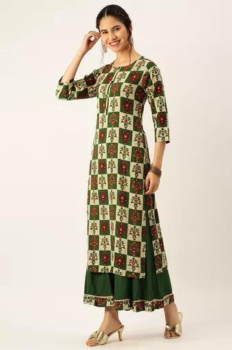 women's round neck solid foil print green straight kurta and palazzos