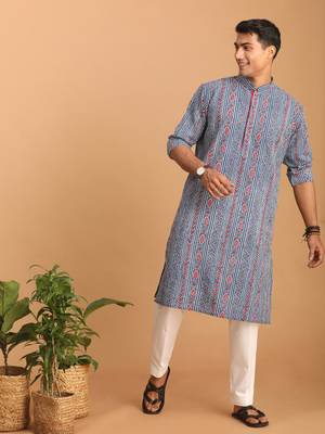 Indigo Blue White Cotton Kurta Pyjama Set 1