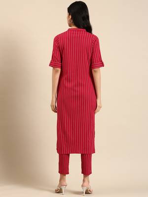 women's mandarin collar striped magenta straight kurta and trouser 4
