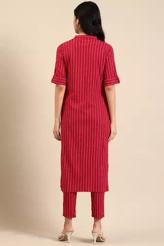 women's mandarin collar striped magenta straight kurta and trouser