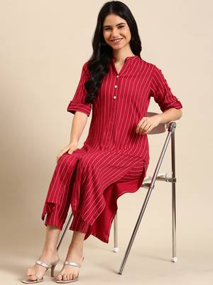 women's mandarin collar striped magenta straight kurta and trouser 5