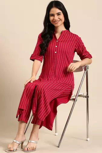 women's mandarin collar striped magenta straight kurta and trouser