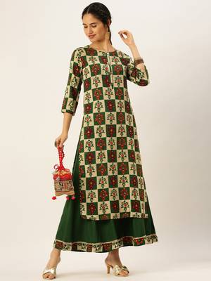 women's round neck solid foil print green straight kurta and palazzos 4