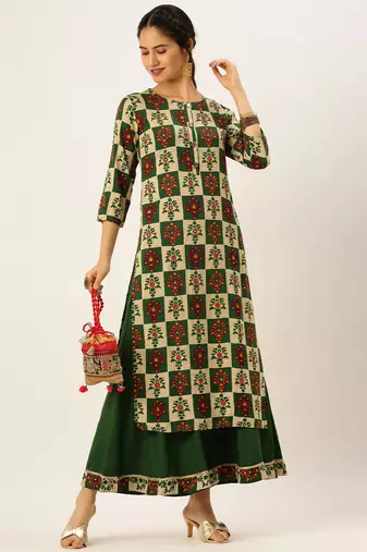 women's round neck solid foil print green straight kurta and palazzos