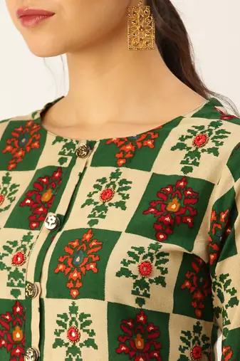 women's round neck solid foil print green straight kurta and palazzos