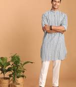 White And Blue Cotton Kurta Pyjama Set