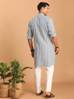 White And Blue Cotton Kurta Pyjama Set 3