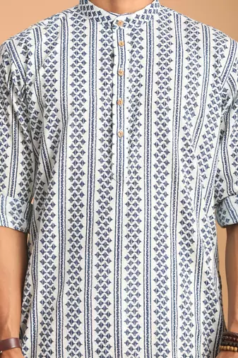 White And Blue Cotton Kurta Pyjama Set