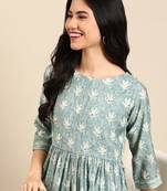 women's round neck abstract batik sea green anarkali kurta and trouser