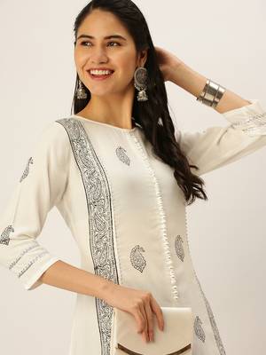 women's round neck ethnic motifs block print white straight kurta and skirt 1
