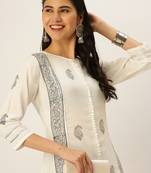 women's round neck ethnic motifs block print white straight kurta and skirt