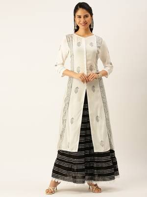 women's round neck ethnic motifs block print white straight kurta and skirt 2