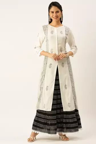 women's round neck ethnic motifs block print white straight kurta and skirt