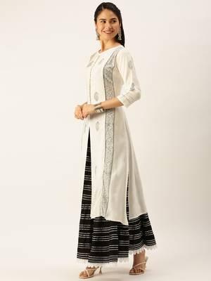 women's round neck ethnic motifs block print white straight kurta and skirt 3