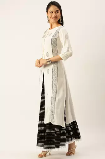 women's round neck ethnic motifs block print white straight kurta and skirt