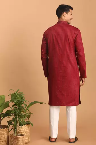 Maroon And White Cotton Blend Kurta Pyjama Set
