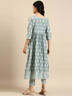 women's round neck abstract batik sea green anarkali kurta and trouser 4