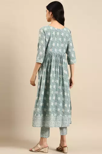 women's round neck abstract batik sea green anarkali kurta and trouser