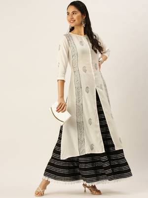 women's round neck ethnic motifs block print white straight kurta and skirt 4