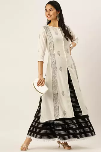 women's round neck ethnic motifs block print white straight kurta and skirt
