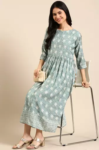 women's round neck abstract batik sea green anarkali kurta and trouser