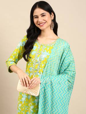 women's round neck floral batik lime green straight kurta and trouser with dupatta 1