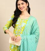 women's round neck floral batik lime green straight kurta and trouser with dupatta