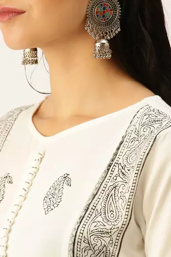 women's round neck ethnic motifs block print white straight kurta and skirt