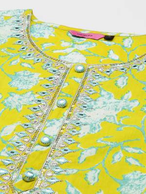 women's round neck floral batik lime green straight kurta and trouser with dupatta 2