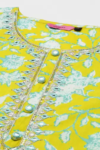women's round neck floral batik lime green straight kurta and trouser with dupatta