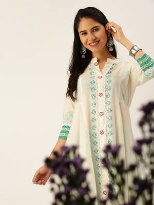 women's mandarin collar ethnic motifs block print white straight kurta and palazzos 1