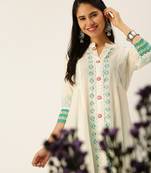 women's mandarin collar ethnic motifs block print white straight kurta and palazzos