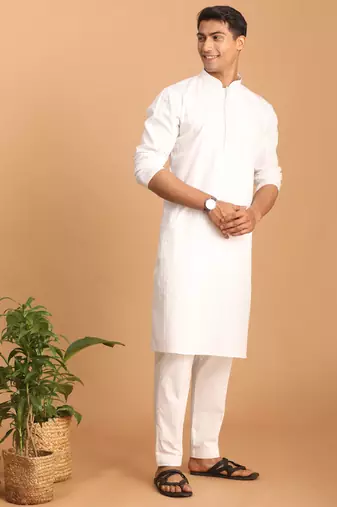 White Cotton Blend Kurta Pyjama Set